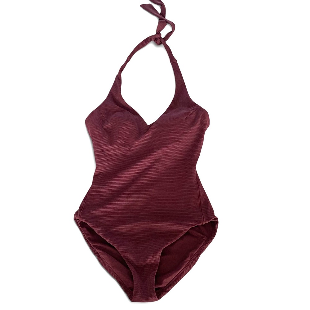 Spanx Pique Shaping One Piece Swimsuit Women Sz S Burgundy Halter Textured